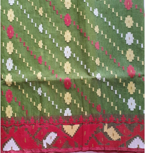 dhakai-jamdani-saree-green-red